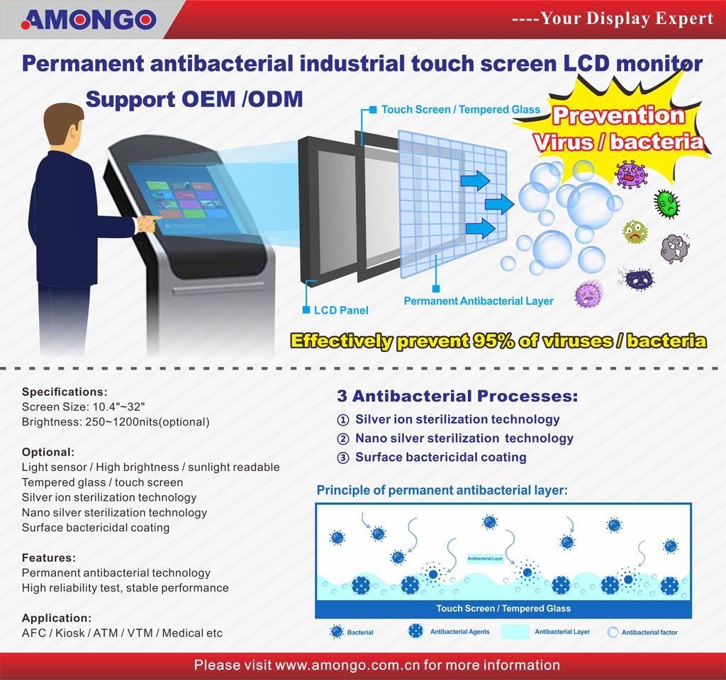 Worrying dangerous bacteria(COVID-19) on public touchscreen? Try with Amongo's new antibacterial touchscreen monitors!!! Worrying dangerous bacteria(COVID-19) on public touchscreen? Try with Amongo's new antibacterial touchscreen monitors!!!